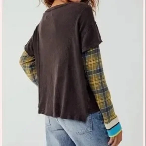 Sold We The Free People TYLER mix Media Tee Top 98 Plaid Sleeve nwt - Picture 5 of 15